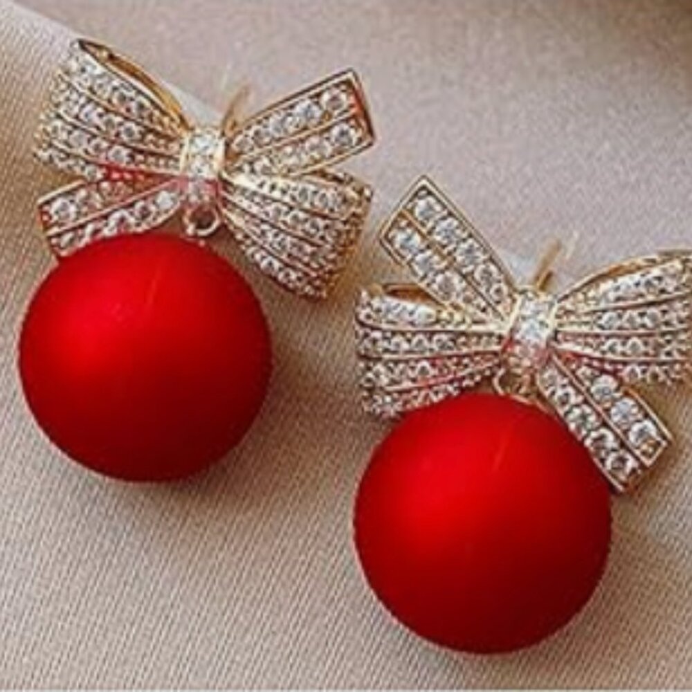 NEW! Christmas Bow Rhinestone Pearl Earrings